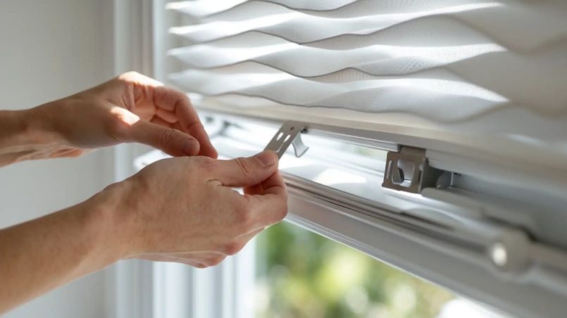 Person removing corded blinds from window bracket using proper lifting technique