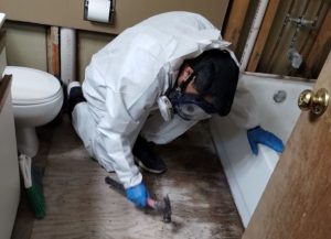 Professional contractor inspecting damaged shower flooring with moisture detection equipment for mold prevention