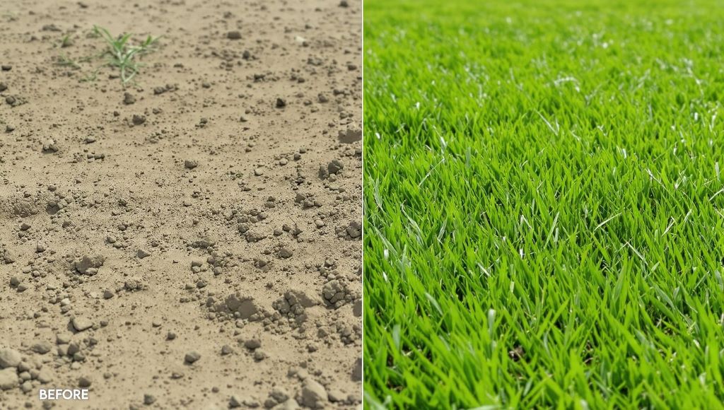 Before and after comparison showing hard clay bare spot transformed into healthy green grass through topdressing