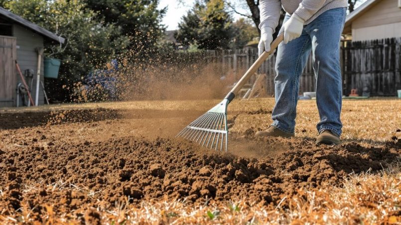 Homeowner spreading dark topdressing material over compacted clay lawn patch with rake for soil improvement