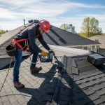 Professional roofer installing asphalt shingles on residential home with proper nailing technique and safety equipment