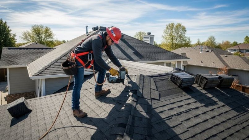 Professional roofer installing asphalt shingles on residential home with proper nailing technique and safety equipment