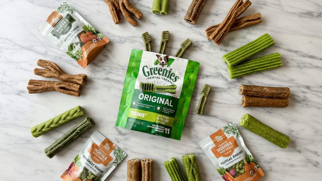 Assortment of natural ingredient dental treats including vegetable-based options for dogs