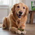 Happy dog chewing on a green dental treat with visible ridges for plaque removal