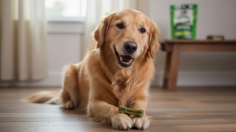 Happy dog chewing on a green dental treat with visible ridges for plaque removal