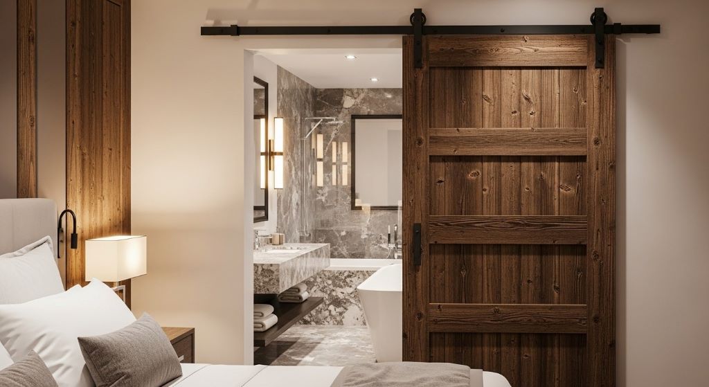 Sliding barn door on black hardware track providing privacy for luxury bedroom bathroom suite