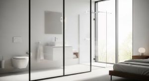 Frosted glass partition separating modern bedroom bathroom with white fixtures and natural light