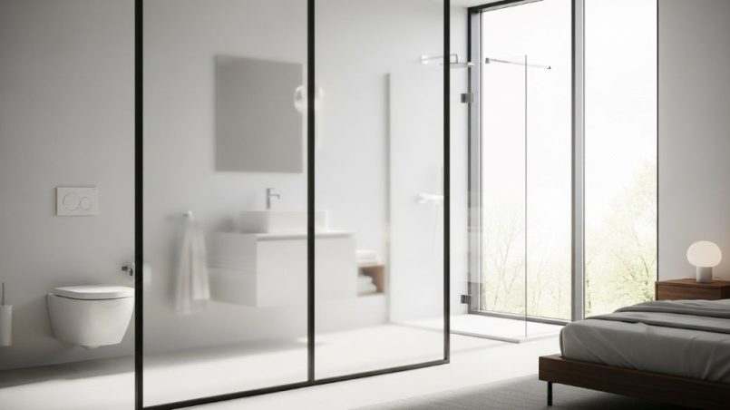 Frosted glass partition separating modern bedroom bathroom with white fixtures and natural light