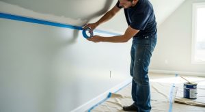 A person carefully applying blue painter's tape along a wall edge before painting a room