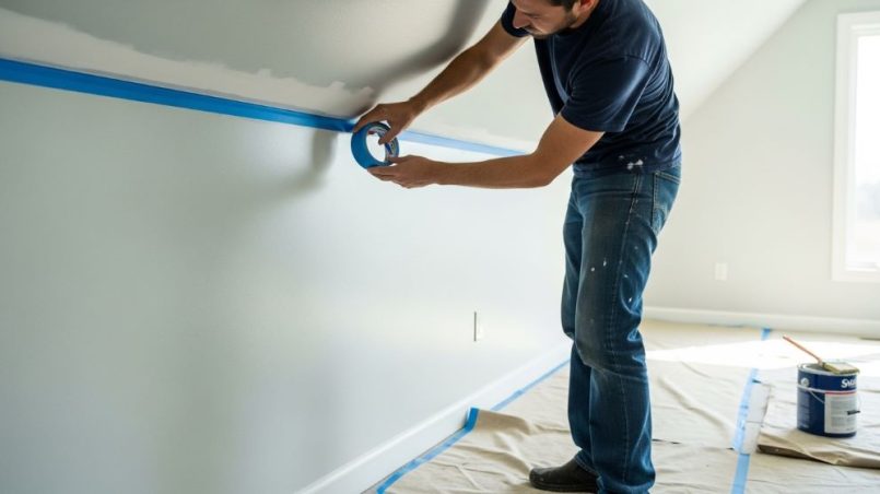 A person carefully applying blue painter's tape along a wall edge before painting a room