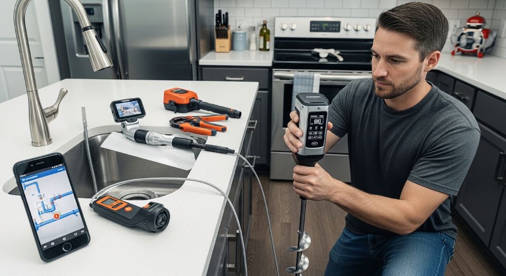 A homeowner using a cordless drain auger to clear a clogged pipe, representing the latest plumbing equipment for DIY repairs in 2026