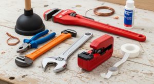 A organized set of essential home plumbing tools including wrenches, a plunger, pipe cutter, and PTFE tape laid out on a workbench