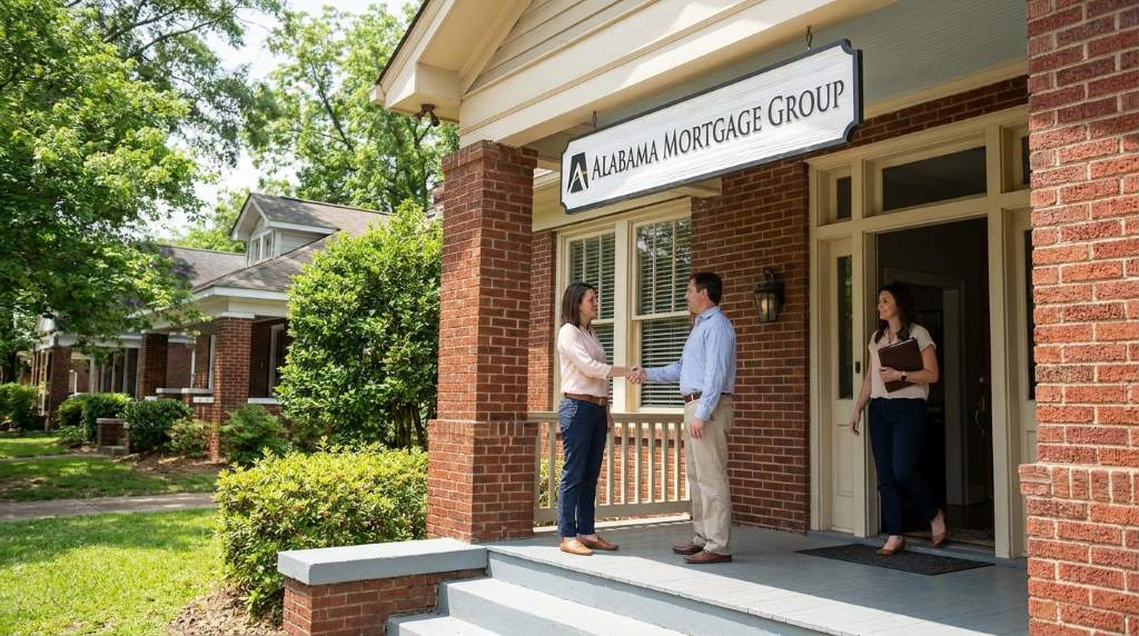 First-time homebuyer meeting mortgage lender in Alabama office for loan consultation