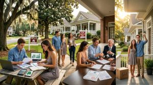 First-time homebuyer reviewing mortgage documents with Alabama lender at desk