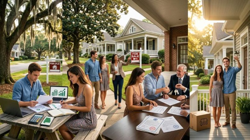 First-time homebuyer reviewing mortgage documents with Alabama lender at desk