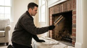 Seattle homeowner cleaning fireplace to prevent indoor odors