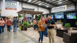 A couple discovering outdoor living and landscaping design ideas at a show-floor exhibitor booth during the Southern Ideal Home Show fall 2026 edition at the Raleigh fairgrounds