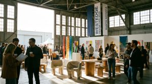Visitors exploring modern furniture and design exhibits inside The Barker Hangar at WestEdge Design Fair 2026 in Santa Monica.