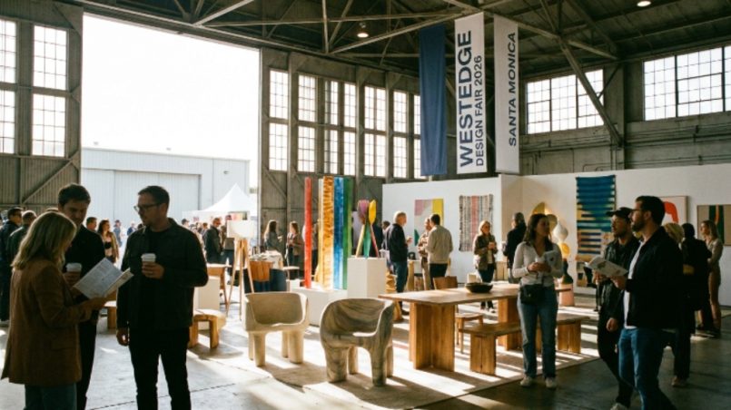 Visitors exploring modern furniture and design exhibits inside The Barker Hangar at WestEdge Design Fair 2026 in Santa Monica.