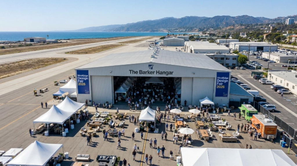 Aerial view of The Barker Hangar venue at Santa Monica Air Center, host of WestEdge Design Fair 2026