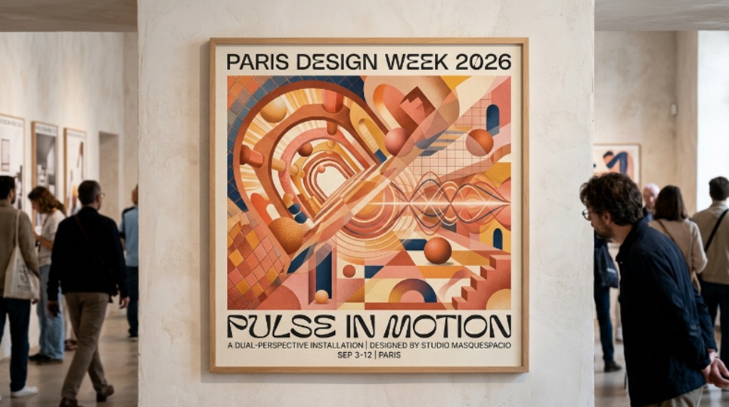 Studio Masquespacio's dual-perspective poster for Paris Design Week 2026 displayed on a wall, featuring textured abstract imagery in warm tones representing the Pulse in Motion theme