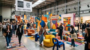 Visitors exploring a vibrant, colorful design installation at Maison & Objet Paris 2026 during Paris Design Week, with bold furniture and textile displays filling the exhibition hall