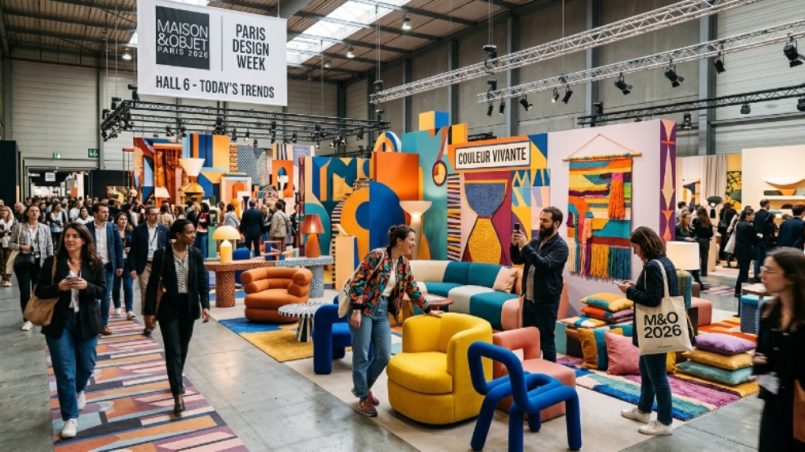 Visitors exploring a vibrant, colorful design installation at Maison & Objet Paris 2026 during Paris Design Week, with bold furniture and textile displays filling the exhibition hall