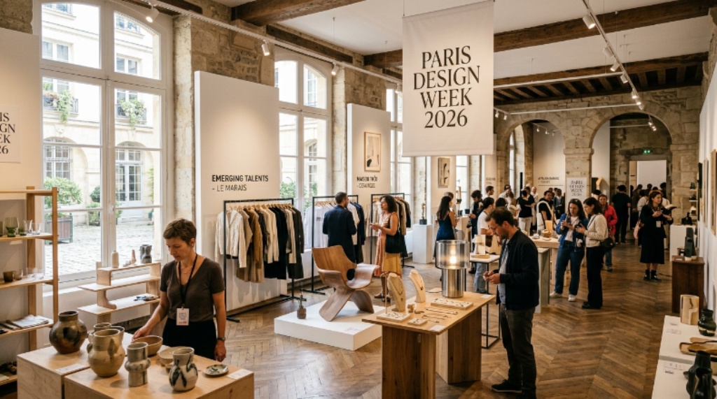 A sunlit gallery in the Marais district of Paris decorated with emerging designer collections and handcrafted objects during Paris Design Week 2026