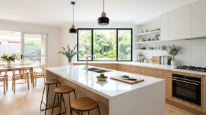 Bright modern kitchen featuring clean marble countertops.