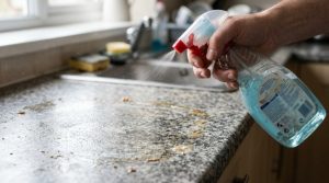 Hand wiping kitchen countertop surface to shiny streak-free finish.