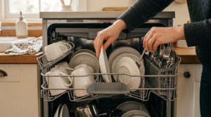 Person calculating utility bills next to a compact dishwasher.