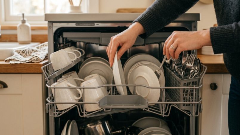 Person calculating utility bills next to a compact dishwasher.