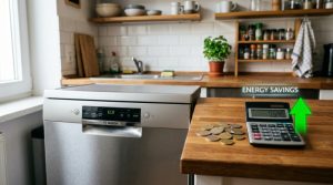 Hands efficiently loading dishes into a small compact dishwasher.