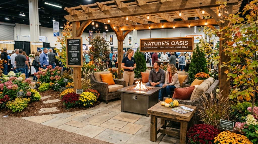 Exhibitor display of outdoor patio and landscaping ideas at a fall home show