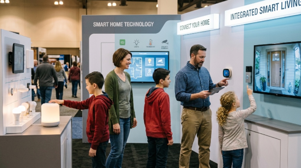 Family exploring smart home technology booths at a home improvement expo