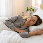 Person sleeping comfortably on a supportive cervical memory foam pillow in bed.