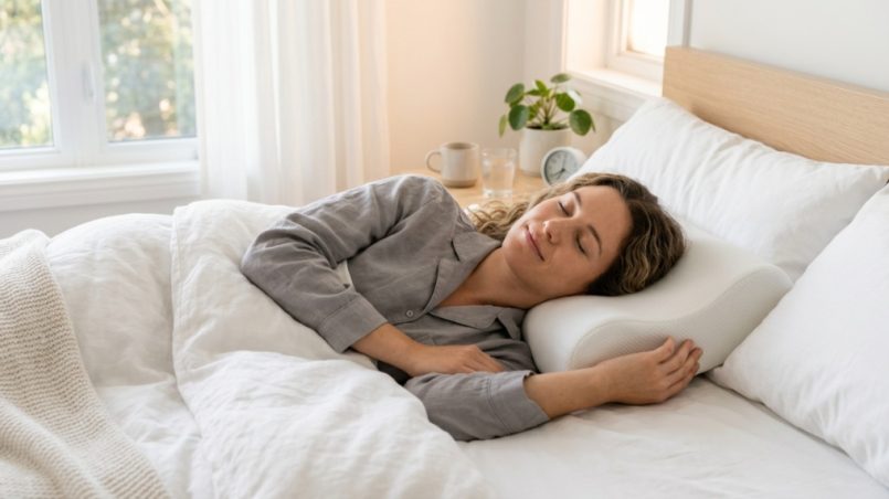 Person sleeping comfortably on a supportive cervical memory foam pillow in bed.