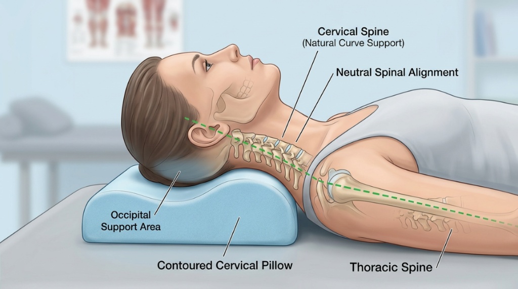 Diagram demonstrating proper neck alignment using a specialized cervical pillow.