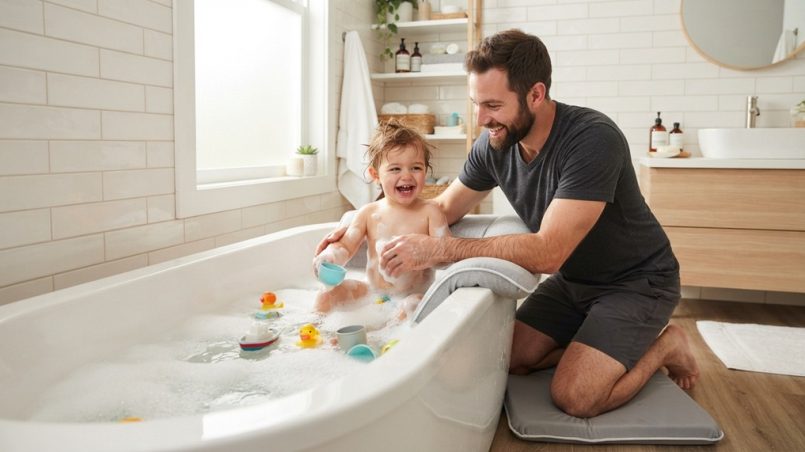 A man kneeling on a plush gray bath mat next to a bathtub.