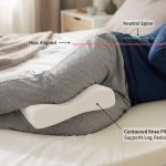 Side sleeper using ergonomic memory foam knee pillow for back pain relief.
