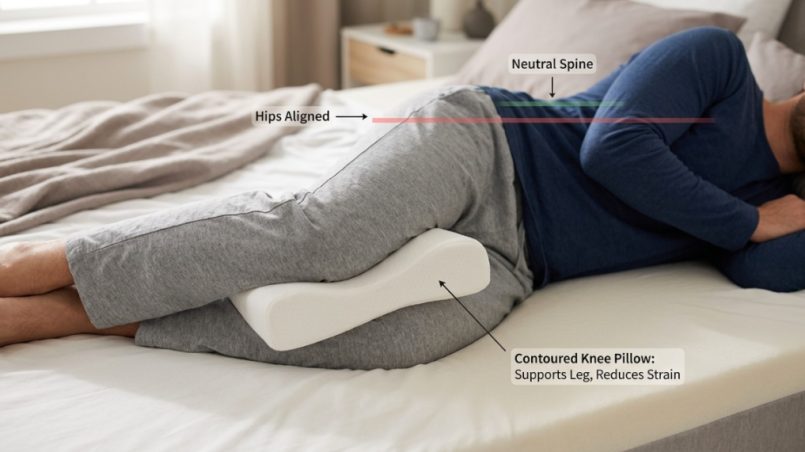 Side sleeper using ergonomic memory foam knee pillow for back pain relief.