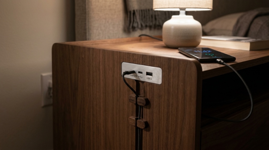Close-up of integrated USB charging ports on a clean nightstand.