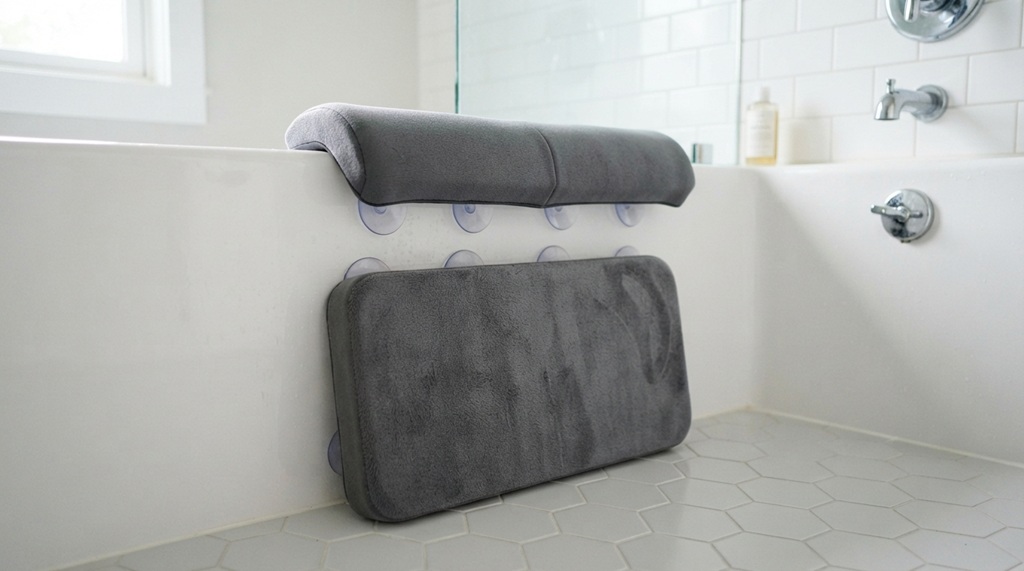 Thick memory foam bath kneeler pad with non-slip base beside a bathtub.