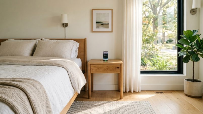 Modern wooden nightstand with built-in charging pad in a clean bedroom.