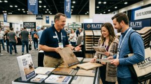 Contractor demonstrating flooring samples to homeowners at a trade show