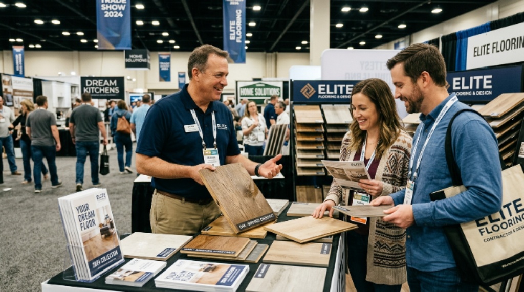 Contractor demonstrating flooring samples to homeowners at a trade show
