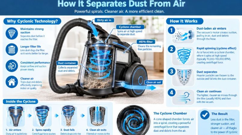 Cyclonic vacuum technology separating dust from air
