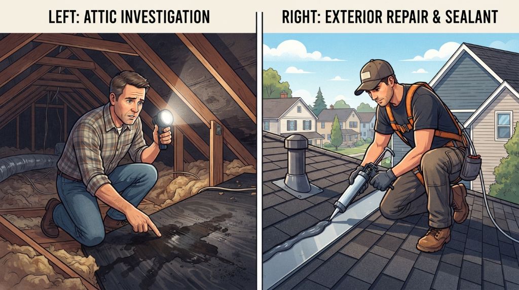 Inspecting a roof for leaks and damage