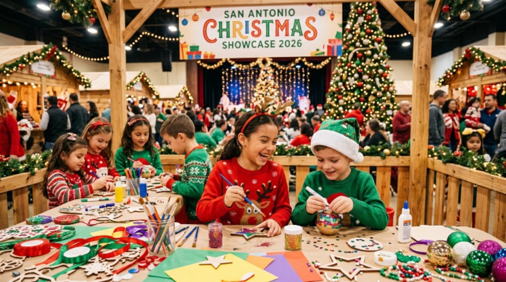 Children crafting ornaments and celebrating the holidays at the San Antonio Christmas Showcase 2026