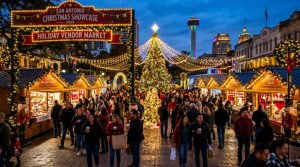 Festive holiday vendor market at the San Antonio Christmas Showcase 2026 with lights and decorations